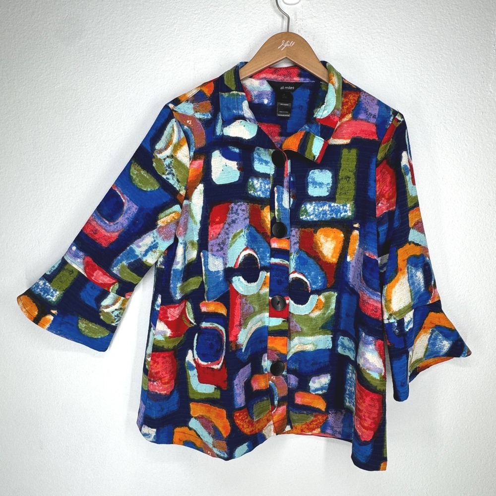 Ali Miles Womens Small Abstract Geometric Button‎ Front Jacket 3/4 Bell Sleeve
